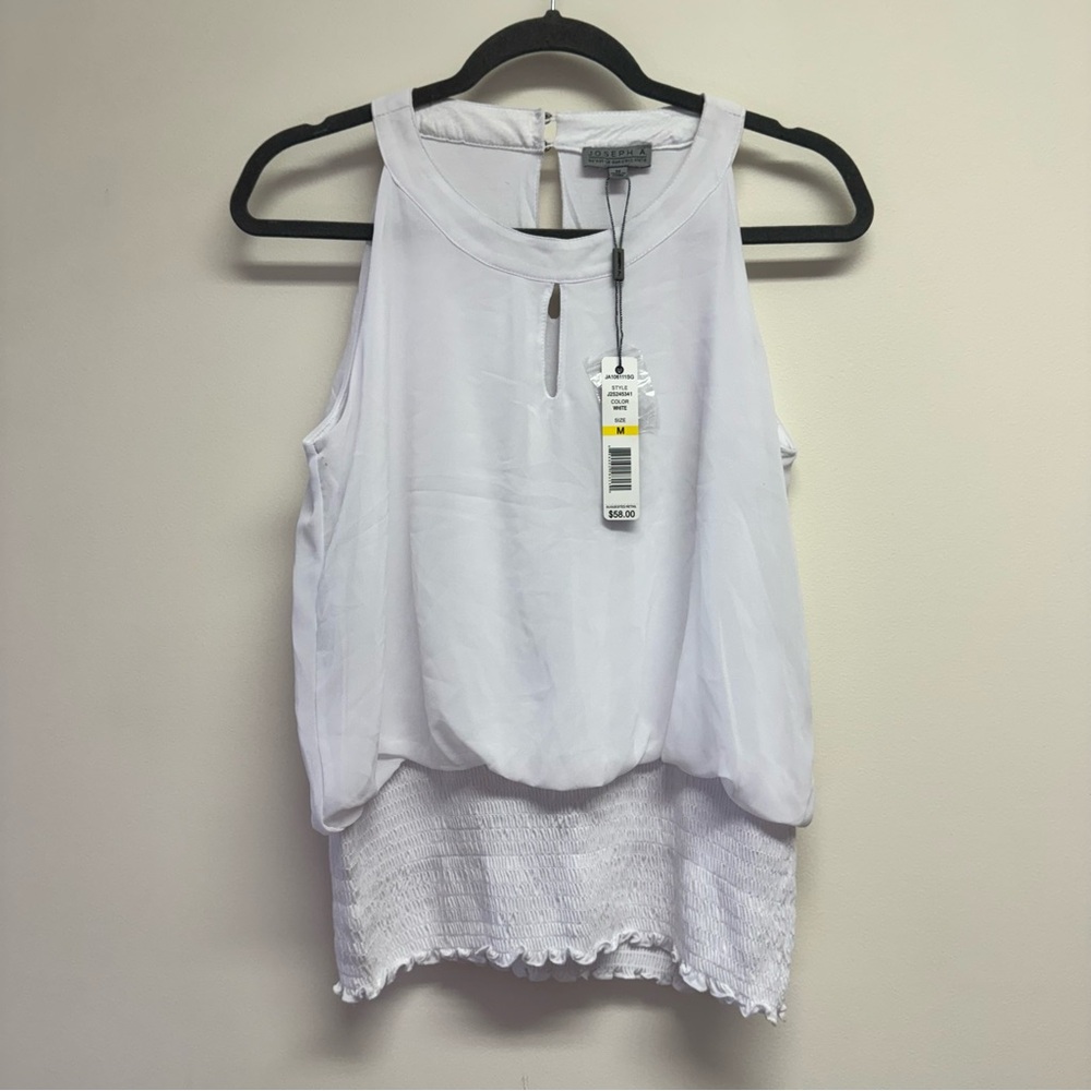 Joseph A White Sleeveless Keyhole Tank with Smocked Hem NWT Size M